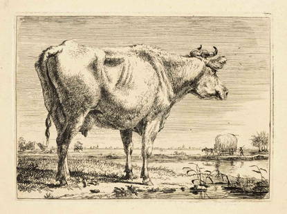 Johann Christian Reinhart (176: Johann Christian Reinhart (1761-1847), set of 5 etchings from a series of cow depictions, each print on handmade paper with wide margins, enclosed: lying bull, etching by another artist with two colle