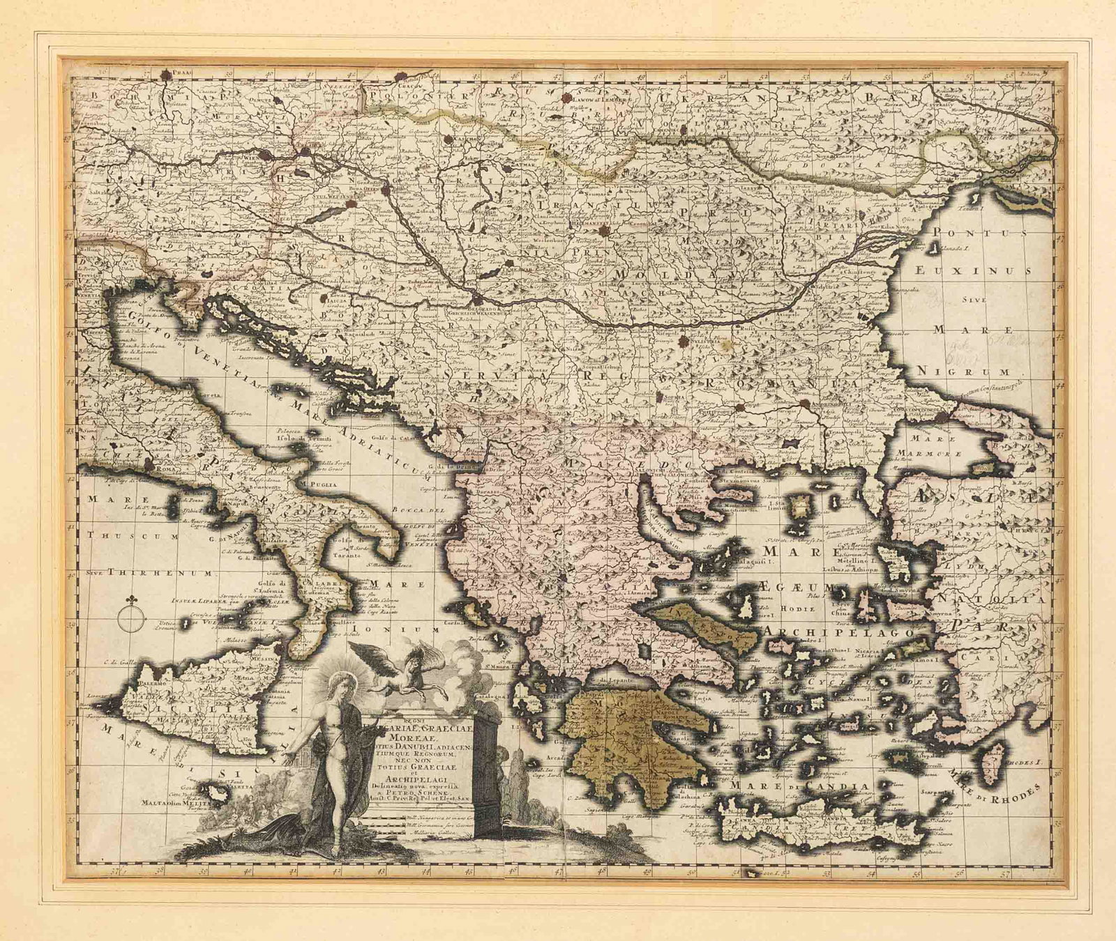 Historical map of Hungary and: Historical map of Hungary and Greece, ''Hungariae, Graeciae, Moreae...'', showing the area from Regensburg to the mouth of the Danube in the north and from Sicily to Rhodes in the south. Part col. Eng