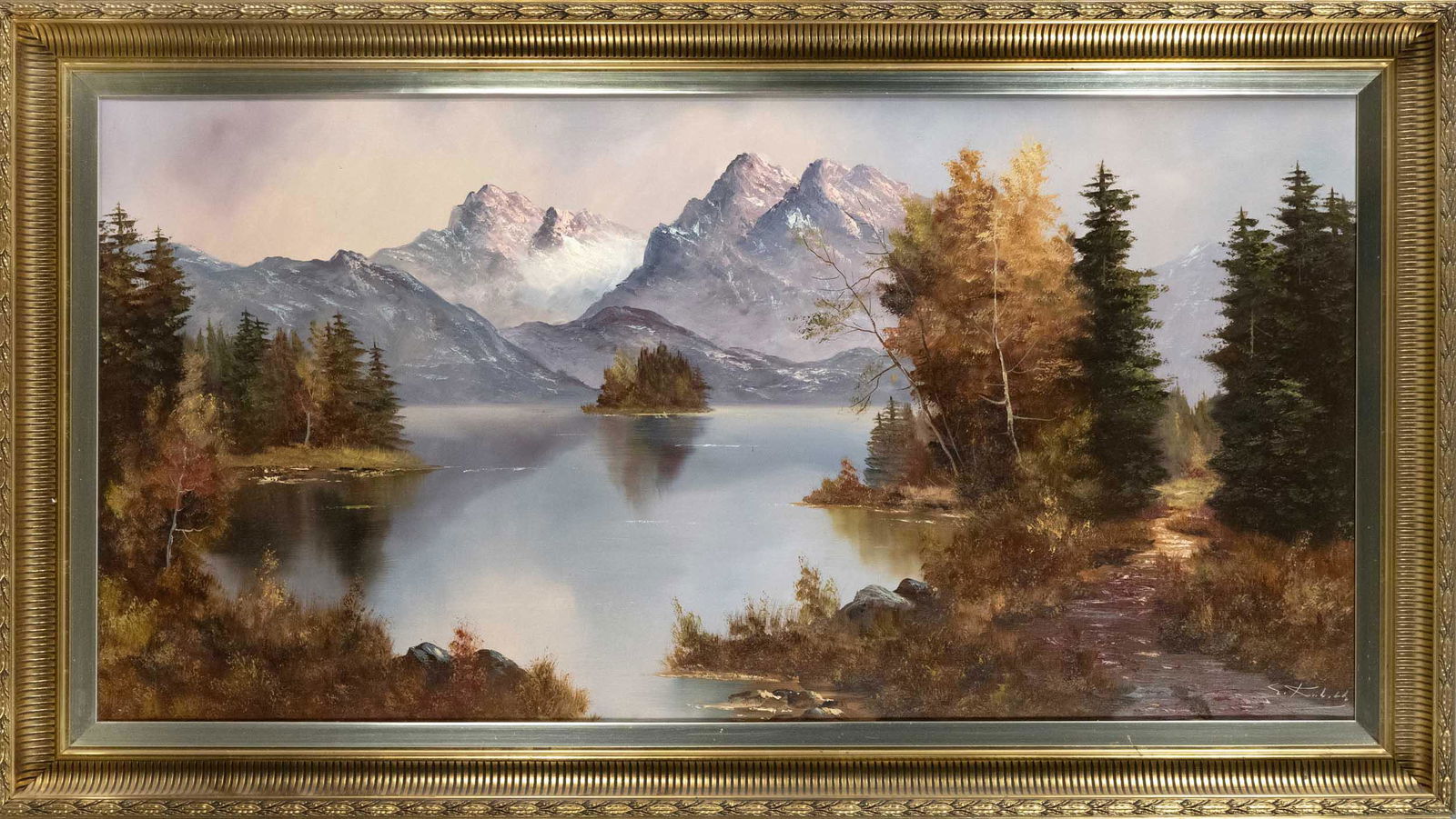 Decorative painter late 20th c: Decorative painter late 20th century, mountain landscape with lake in the manner of Bob Ross, oil on canvas, indistinctly signed lower right, 60 x 120 cm, framed 77 x 137 cm