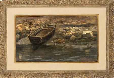 Georg Richard Falkenberg (1850: Georg Richard Falkenberg (1850-1935), German landscape painter who studied in Berlin and Munich. Shore with boat, oil on wood, signed lower right, 20 x 37 cm, framed 37 x 52 cm