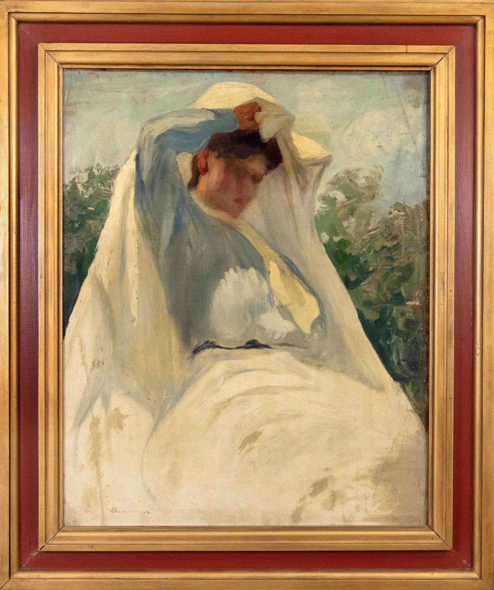 Anonymous painter c. 1900, wom: Anonymous painter c. 1900, woman with white cloth, large oil sketch on canvas, possibly from the circle of leo Putz, heavy retouching and chipping, unsigned, 66 x 54 cm, framed 87 x 75 cm