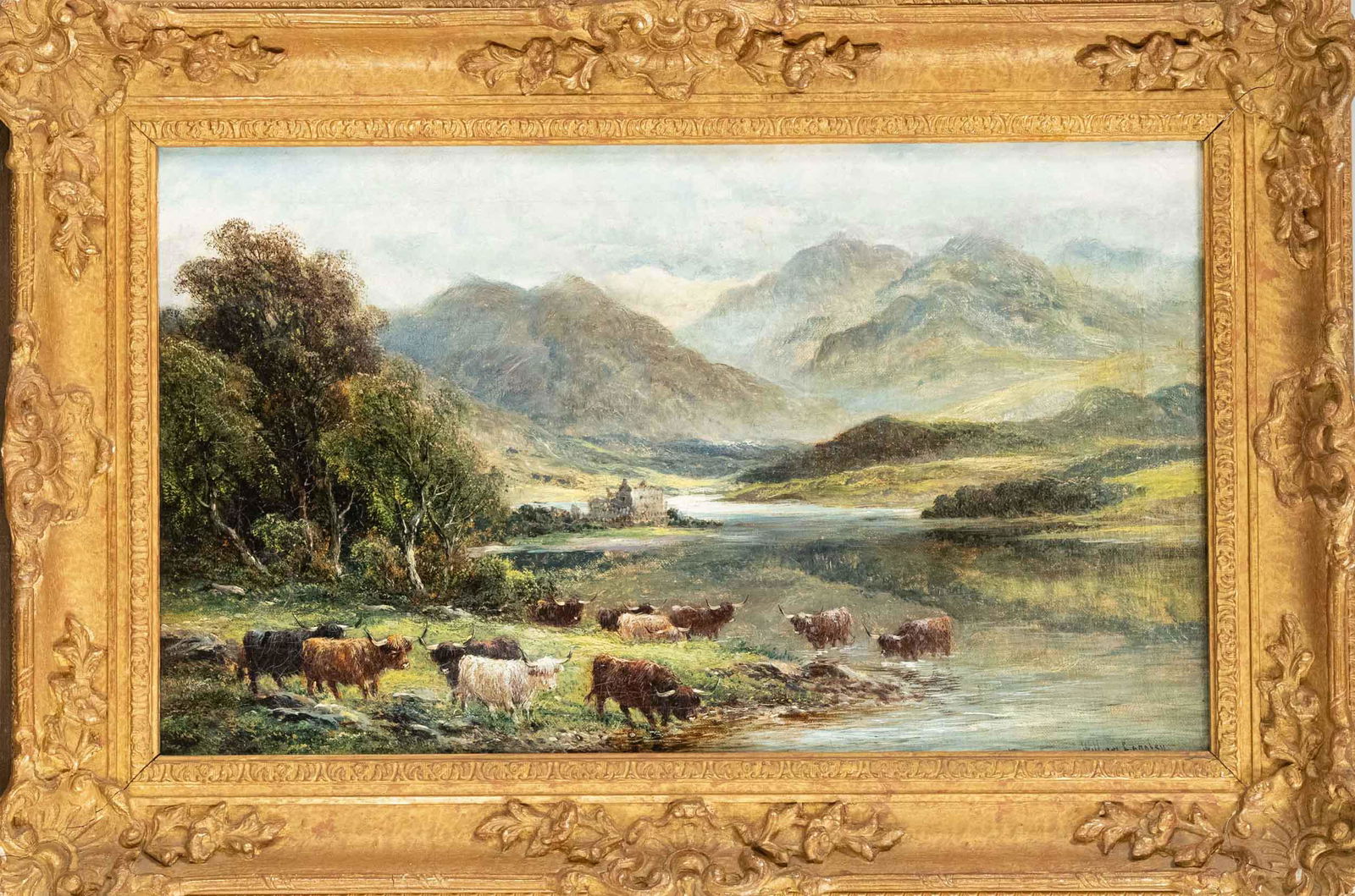 William Langley (1852-1922), E: William Langley (1852-1922), English landscape painter, Cows grazing by a river in the Highlands, oil on canvas, signed lower right, 30 x 50 cm, framed 43 x 63 cm