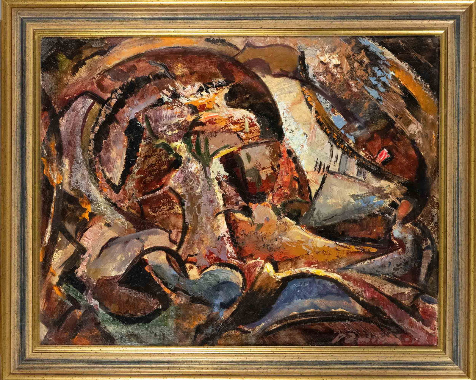 Aleksandrs Zviedris (1905-1993: Aleksandrs Zviedris (1905-1993), Latvian painter, expressive composition, oil on canvas, signed lower right, inscribed on label ''sabos karaliena'' (?) on verso. 55 x 70 cm, framed 67 x 82 cm