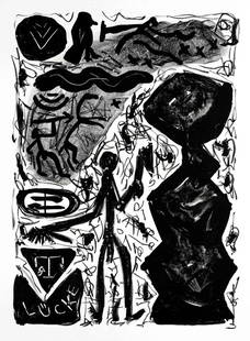 A.R. Penck (1939-2017), three: A.R. Penck (1939-2017), three lithographs from ''Heiner MÃ¼ller - Wolokolamsker Chaussee'', Maximilian Verlag Munich 1988, verso typographically titled ''Bleiben wir sitzen auf unsrem BewuÃŸtsein'