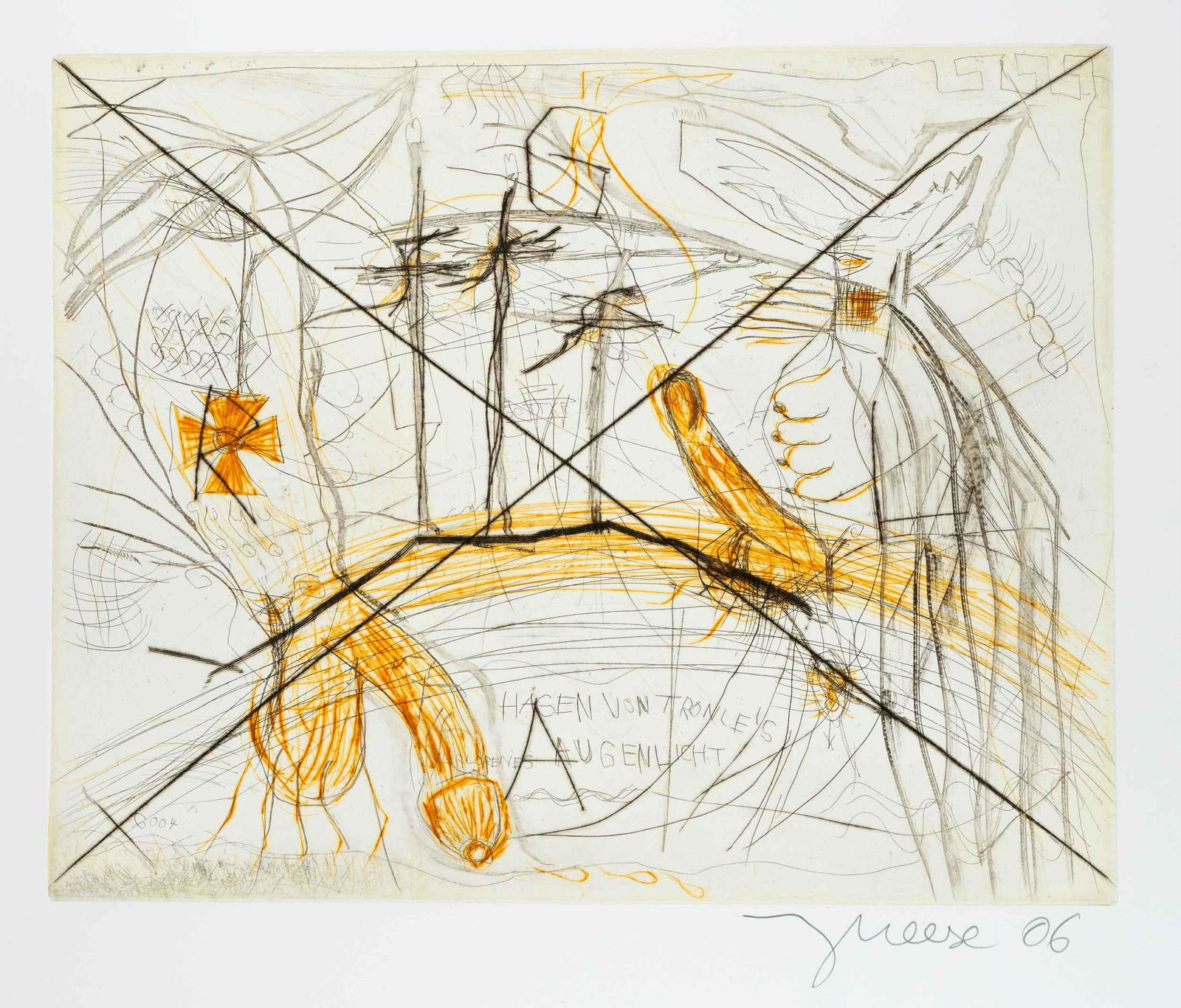 Jonathan Meese (*1970), ''Hage: Jonathan Meese (*1970), ''Hagen von Tronjes verlorenes Augenlicht'', colour etching on handmade paper with watermark (Somerset), lower right signed and dated 2007, verso typographically inscribed, Gri