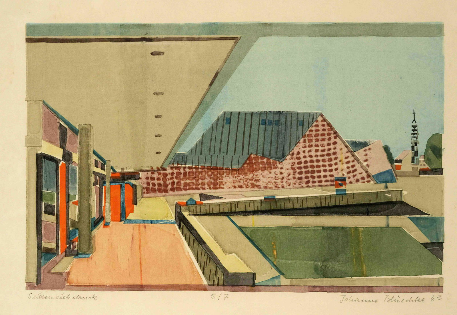 Johanna BlÃ¼schke (1919-?), Dre: Johanna BlÃ¼schke (1919-?), Dresden painter and graphic artist, studied in Dresden and Berlin with Wolf Hoffmann and Hans Uhlmann, two coloured silk-screen prints in small editions, cityscapes, each