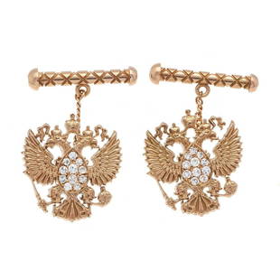 Diamond cufflinks Russian coat: Diamond cufflinks Russian coat of arms double eagle RG 585/000 (Russian 56 hallmarked) with 26 octagonal diamonds, total 0.35 ct W/VS-SI, l. 18.5 mm, 9.6 g