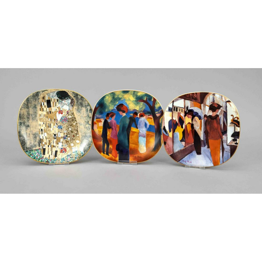 Three picture plates, 2x Rosenthal,: Three picture plates, 2x Rosenthal, 1993/94, limited editions after the paintings ''Lady in a Green Jacket'' and ''Fashion Shop'' by August Macke, 1x Lilienporzellan, Austria, 1990, limited edition af