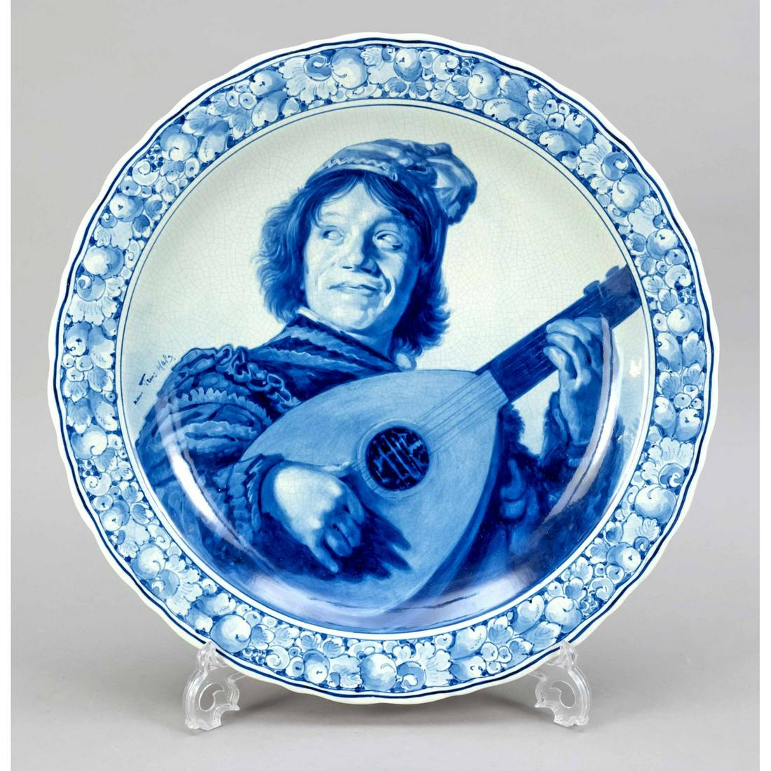 Large plate, Delft, Porceleyne Fles: Large plate, Delft, Porceleyne Fles, Holland, 20th century, Laughing Cavalier after Frans Hals, ceramic, painted in underglaze blue, Ã˜ 41 cm
