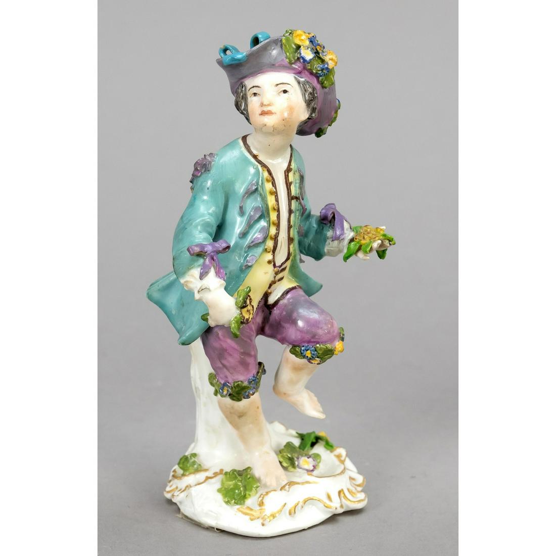 Gardener's boy, Meissen, c. 1750, 1: Gardener's boy, Meissen, c. 1750, 1st choice, after a design by Kaendler, gardener's boy in rococo dress with flowers in his hand, on a rococo pedestal, polychrome painted and ornamental gilding, rest