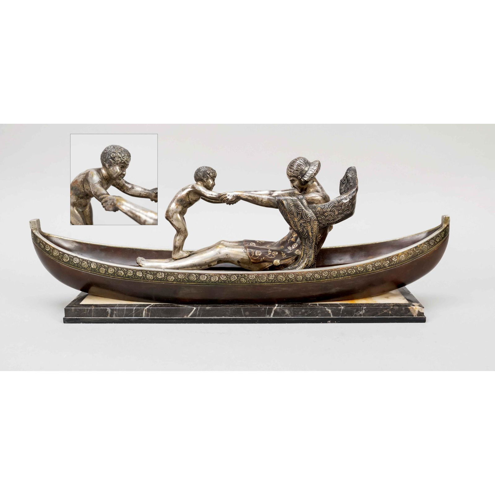 Fanny Rozet (1881-1921), French Art: Fanny Rozet (1881-1921), French Art Deco sculptor and important member of the ''Evolution Group'' in Paris, playful scene of mother and child in a boat, bronze, partly silvered and patinated on marble