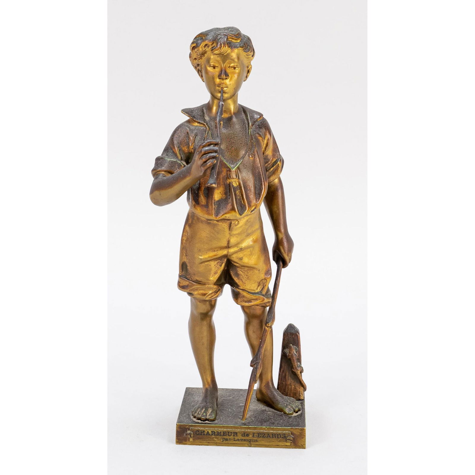 Adolphe Jean Lavergne (1863-1928),: Adolphe Jean Lavergne (1863-1928), French sculptor, ''Charmeur de LÃ©zards'', the lizard charmer, bronze with residual gilding and partly reddish-dark patina (presumably due to contact with liquid),