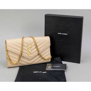 Yves Saint Laurent, Monogram Chain: Yves Saint Laurent, Monogram Chain Wallet in Grain De Poudre Embossed Leather, powder-coloured textured and quilted leather, gold-tone hardware, detachable flat-tank chain with leather detail as shoul