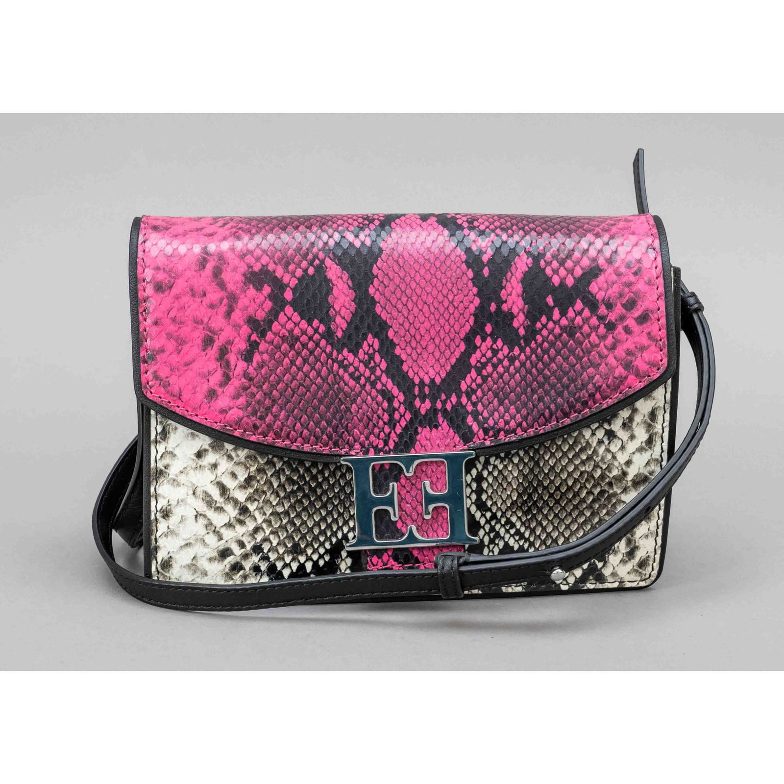 Escada, Small crossbody bag, multic: Escada, Small crossbody bag, multicoloured embossed leather in reptile look, silver-tone hardware, slim detachable shoulder strap, flap with large frontal logo buckle, textile interior, lightly marked
