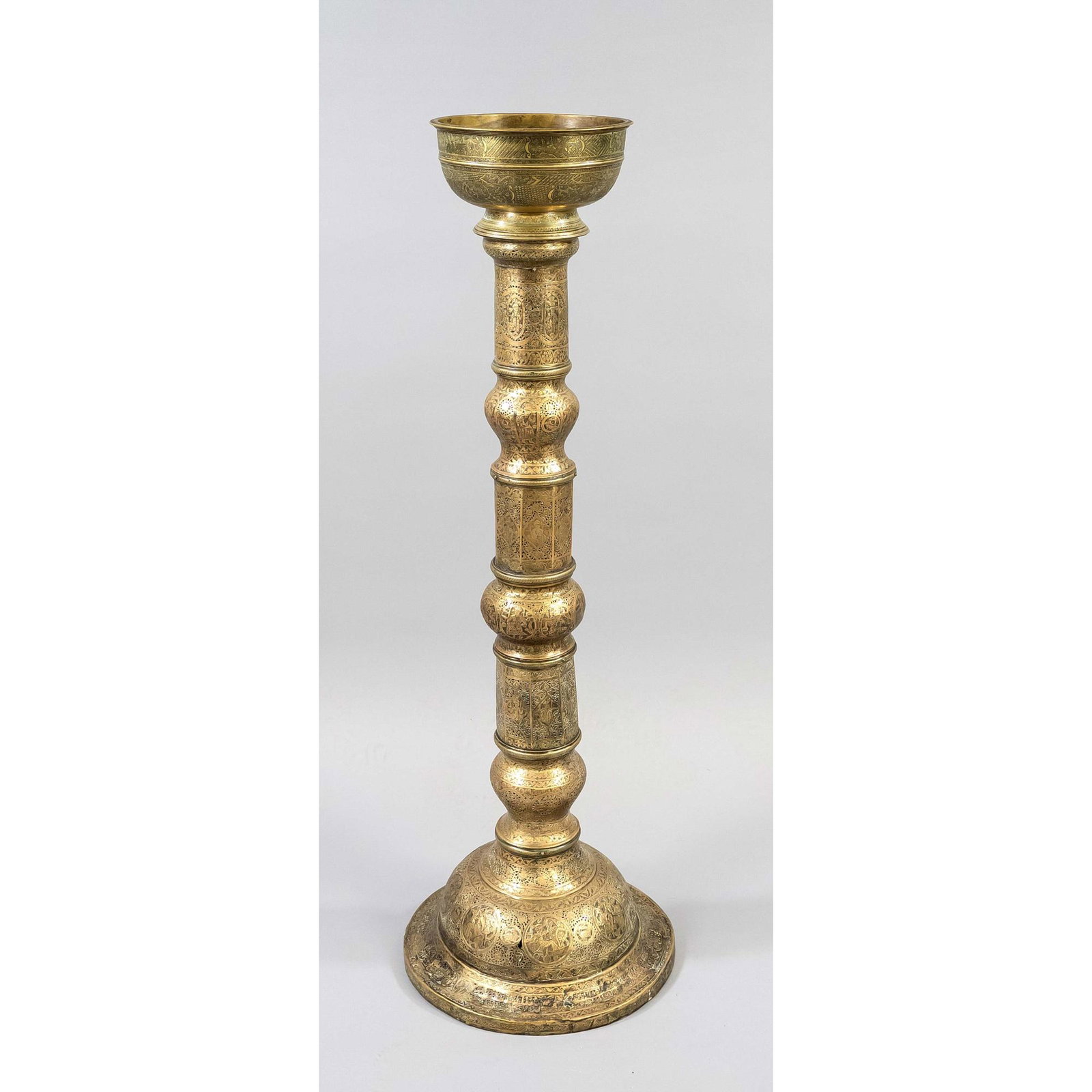 Column with bowl (for incense?), 1: Column with bowl (for incense?), 19th/20th century, Persian/Indo-Persian?, brass. Balustrated column with filigree, openwork decoration with wickerwork cartouches (figural and inscription), slightly d