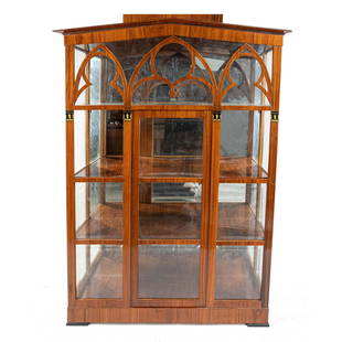 Decorative display case in Viennese: Decorative display case in Viennese Biedermeier style after Josef Danhauser, 20th century, walnut veneer, rectangular corpus, glazed with glazing bars on three sides, on the front in the form of neo-G