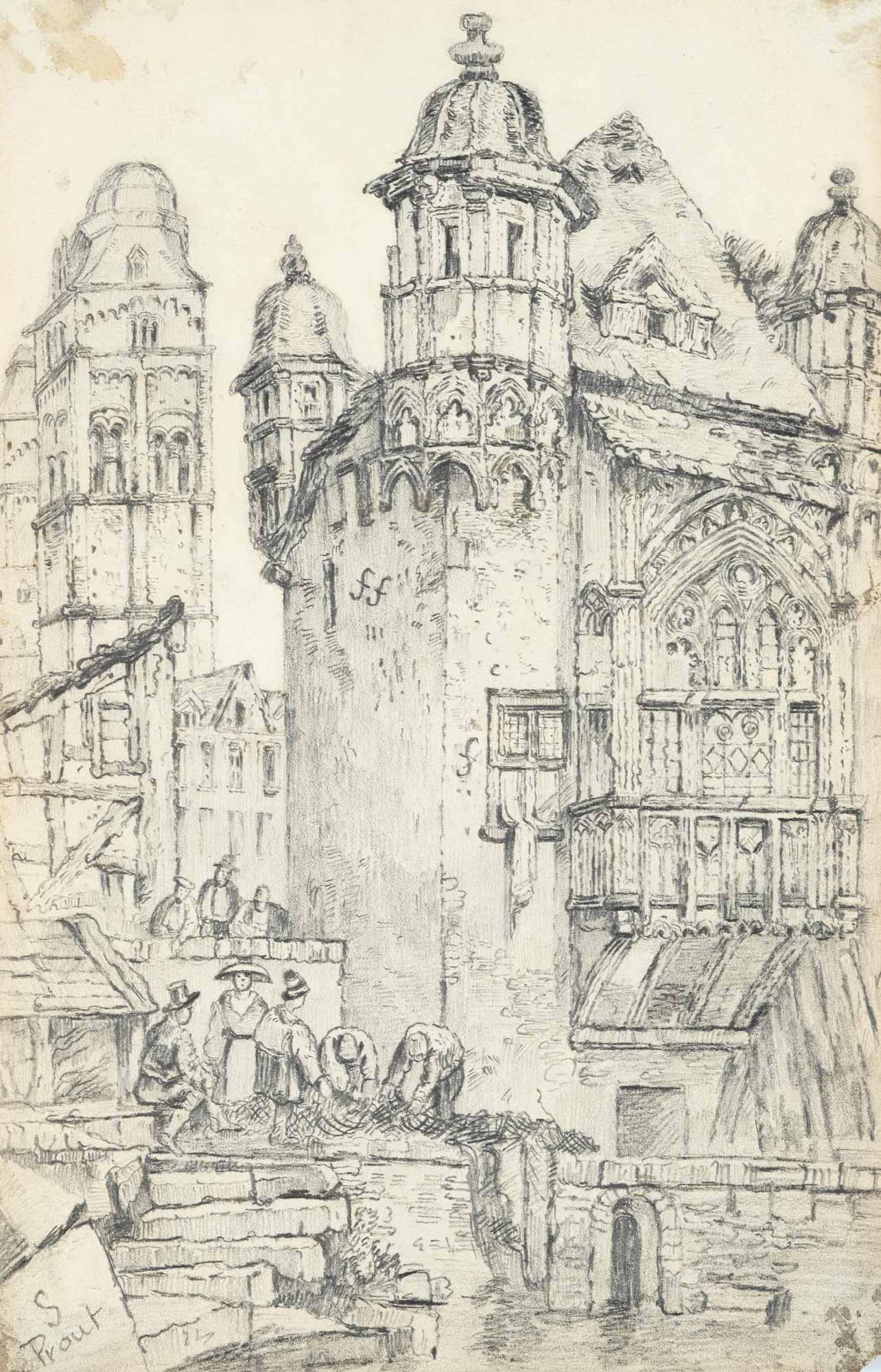 Samuel Prout (1783-1852) (attrib.): Samuel Prout (1783-1852) (attrib.), group of 6 drawings with detailed views of LiÃ¨ge and other towns (?), partly washed pencil drawings with attention to the architectural details, two sheets signe