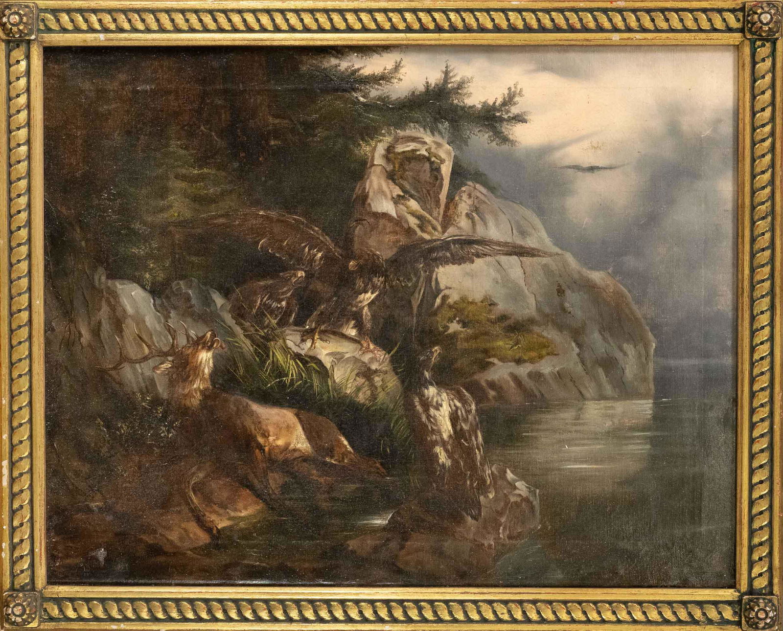 Friedrich Gauermann (1807-1862), c: Friedrich Gauermann (1807-1862), copy after, ''Eagle and Dying Stag'', oil on canvas, lower left indistinctly monogrammed, 19th century copy, restored and retouched, 47 x 62 cm, framed 54 x 69 cm