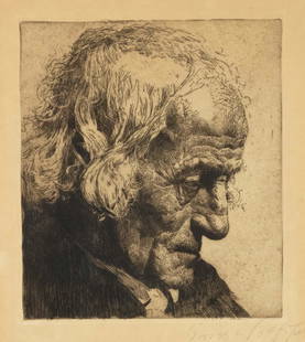 Erich Wolfsfeld (1884-1956), etchi: Erich Wolfsfeld (1884-1956), etching, head of an old man in profile, signed by hand lower right, browned, 26 x 23 cm, framed behind glass 40 x 35 cm
