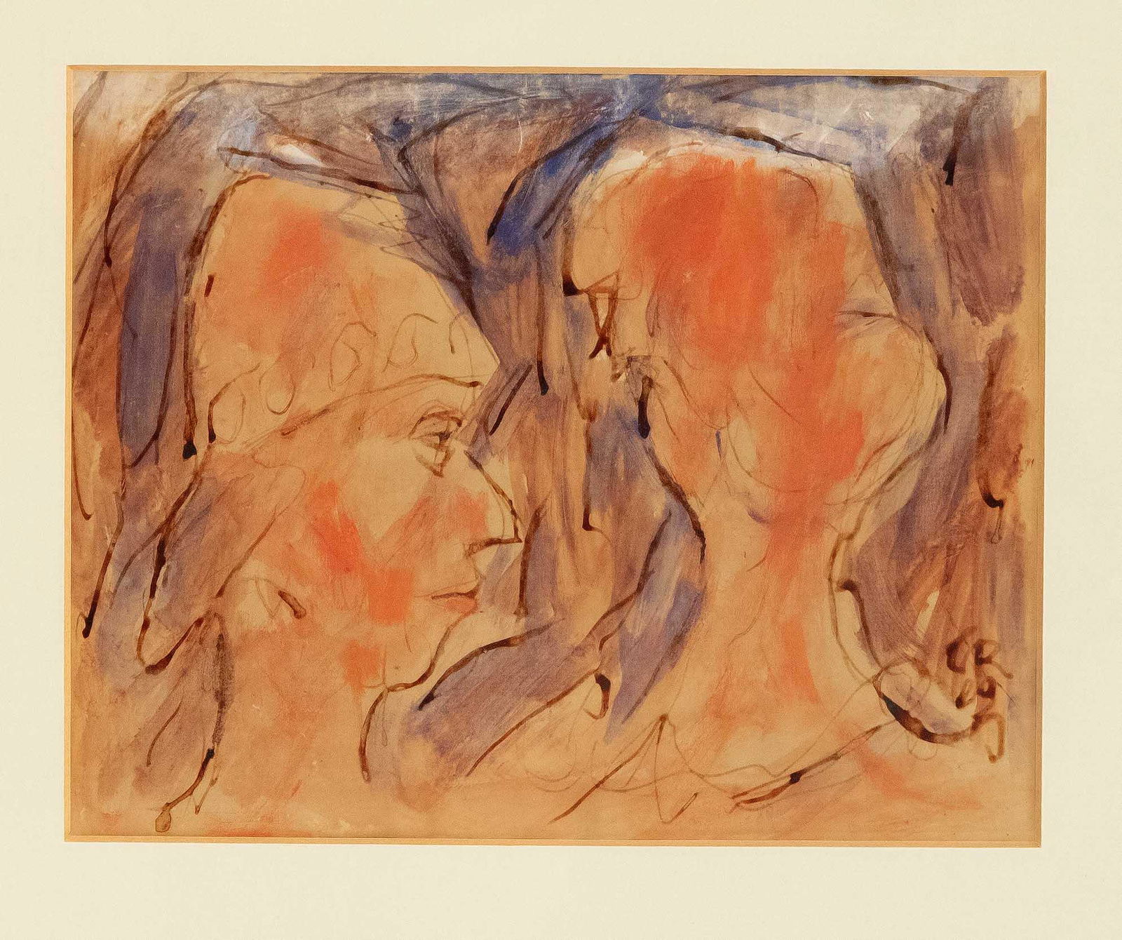 Christian Rohlfs (1849-1938) (attr: Christian Rohlfs (1849-1938) (attrib.), Heads, mixed media with ink and watercolour, 1929 (?), monogr. and hardly legible dated lower right C R 29 (?), 21 x 26,5 cm, framed behind glass a. passepartou