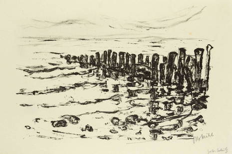 Otto Muehl (1925-2013), Buhne an d: Otto Muehl (1925-2013), Buhne an der Küste, lithograph on wove paper (papier vélin), signed lower right, expressive early work by the later Viennese Actionist, sheet measures 25 x 36.5 cm.