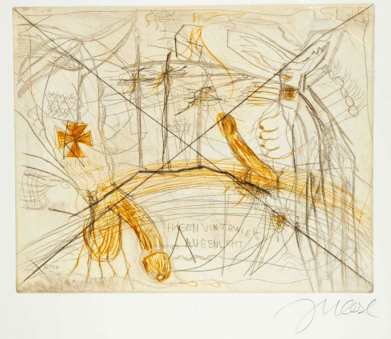 Jonathan Meese (*1970), ''Hagen vo: Jonathan Meese (*1970), ''Hagen von Tronjes verlorenes Augenlicht'', colour etching on laid paper, handsign lower right, 39.5 x 49.5 cm, sheet measures 57 x 76 cm