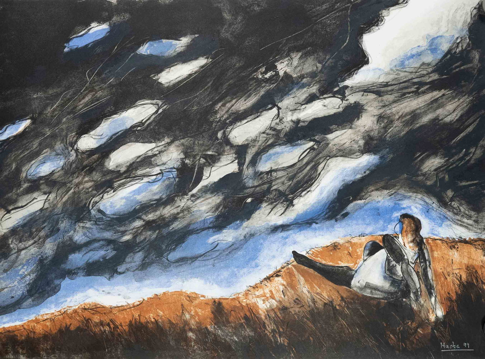 Dieter Hacker (*1942), German pain: Dieter Hacker (*1942), German painter and graphic artist of the Junge Wilden, until 2007 professor at the UdK Berlin. Frau in den DÃ¼nen (Woman in the Dunes), large, full-page colour lithograph, sig