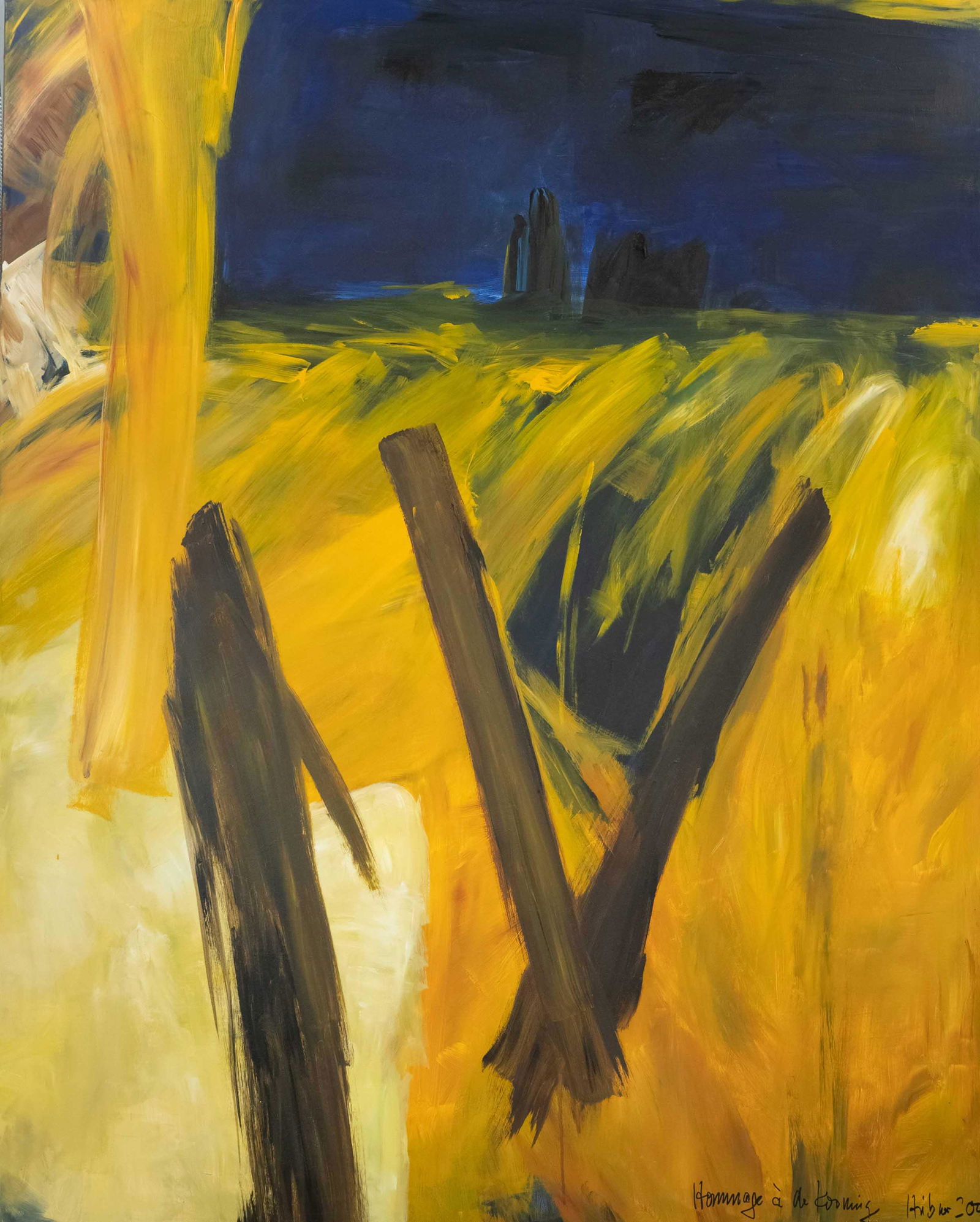 signed HÃ¼bner, artist of the 21st: signed HÃ¼bner, artist of the 21st century, large informal composition, acrylic on canvas, at the lower edge inscribed ''Hommage Ã de Kooning'', next to it signed and dated 2001, 150 x 120 cm