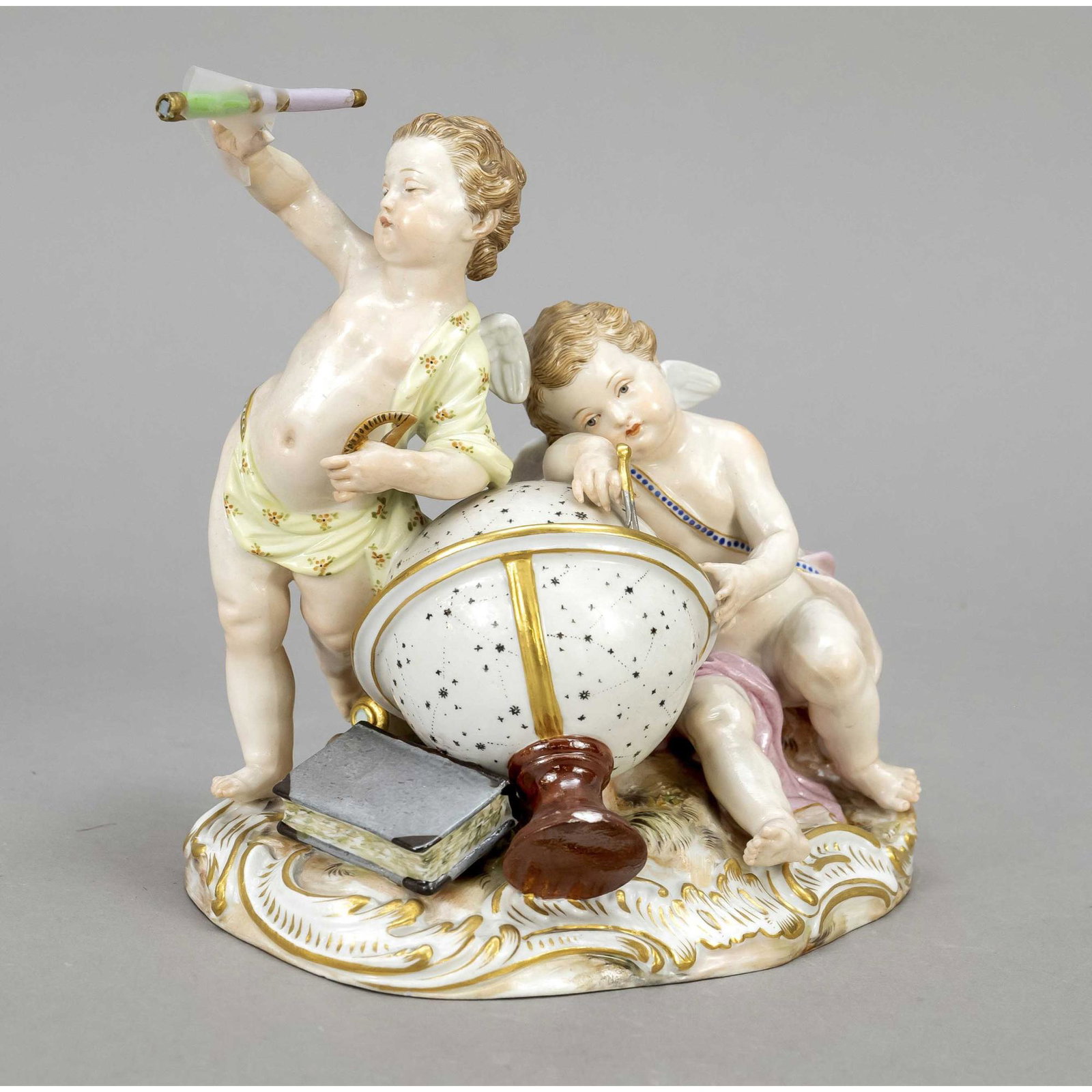 Allegory of Astronomy, Meissen, Knau: Allegory of Astronomy, Meissen, Knauffzeit 1850-1924, 1st choice, designed by Johann Joachim Kaendler and co-workers in 1756, model no. 2460, a putto standing at a celestial globe looking through a te