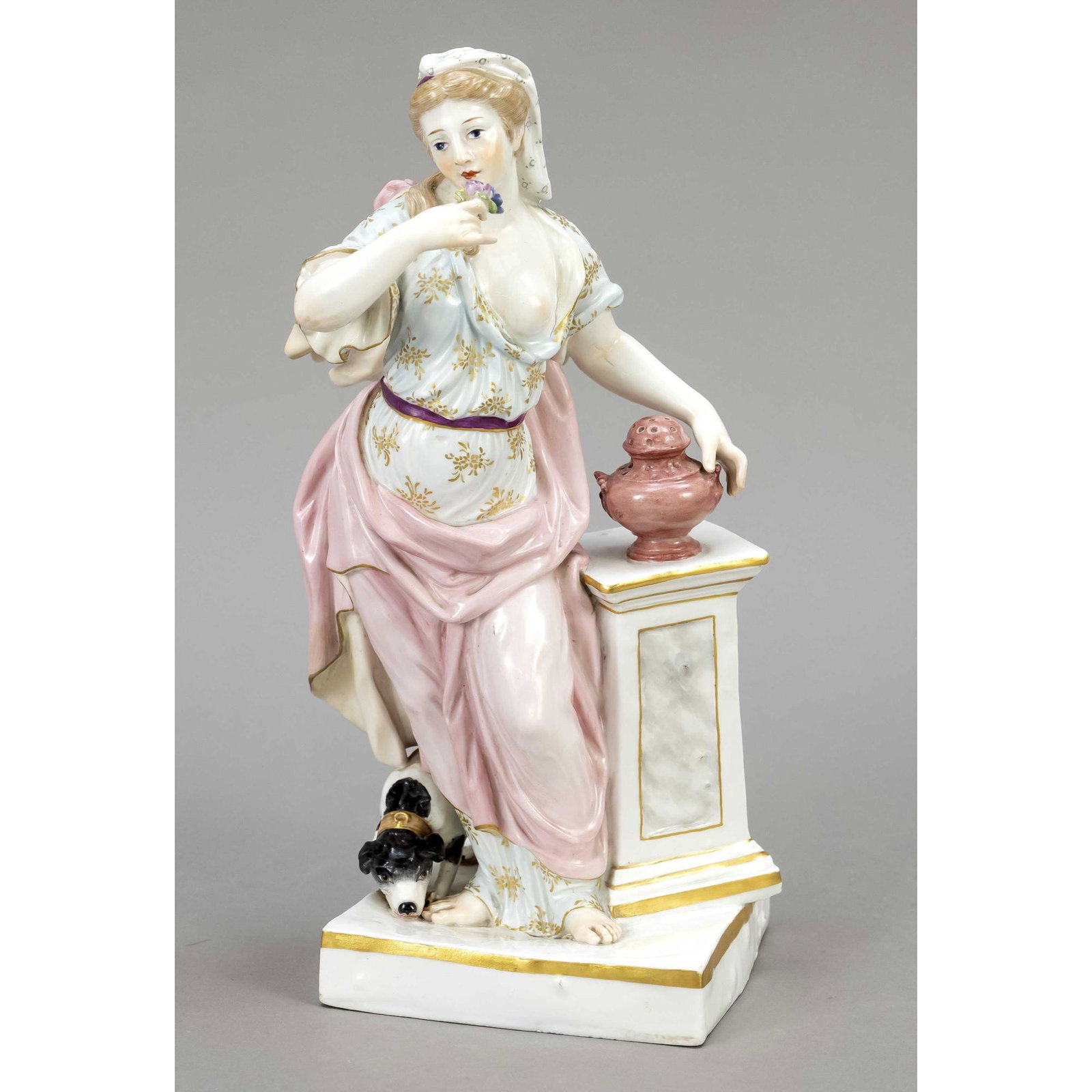 Allegory of Smell, Meissen, Knauffzeit 1850-1924: Allegory of Smell, Meissen, Knauffzeit 1850-1924, 2nd w., model by Johann Friedrich Eberlein 1745, model no. 692, from a series of depictions of the senses, standing female figure with incense burner 