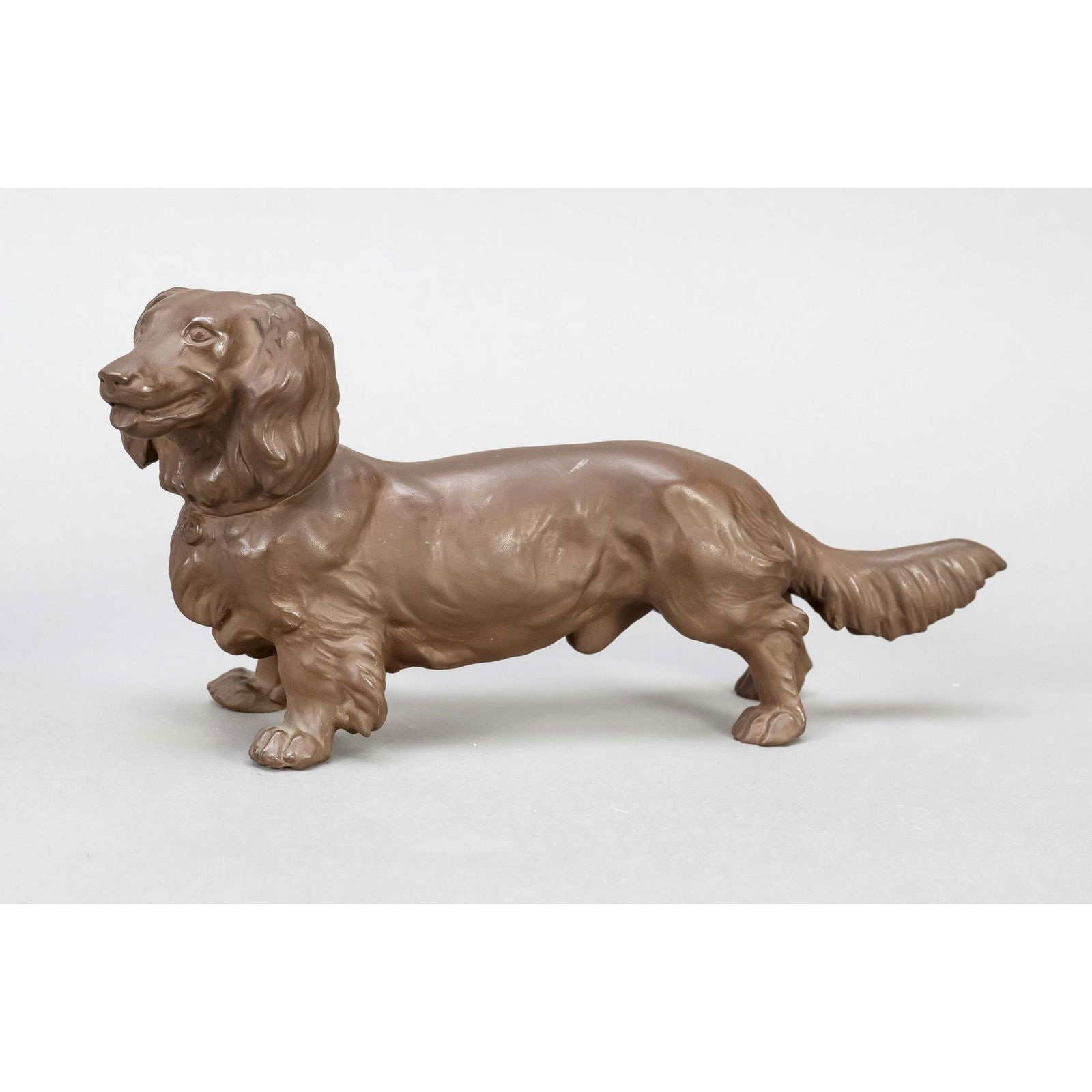 Standing rough-haired dachshund, Mei: Standing rough-haired dachshund, Meissen, after 1950, 1st choice, BÃ¶ttger stoneware, designed by Erich Oskar HÃ¶sel in 1635, model no. N 240, l. 25 cm