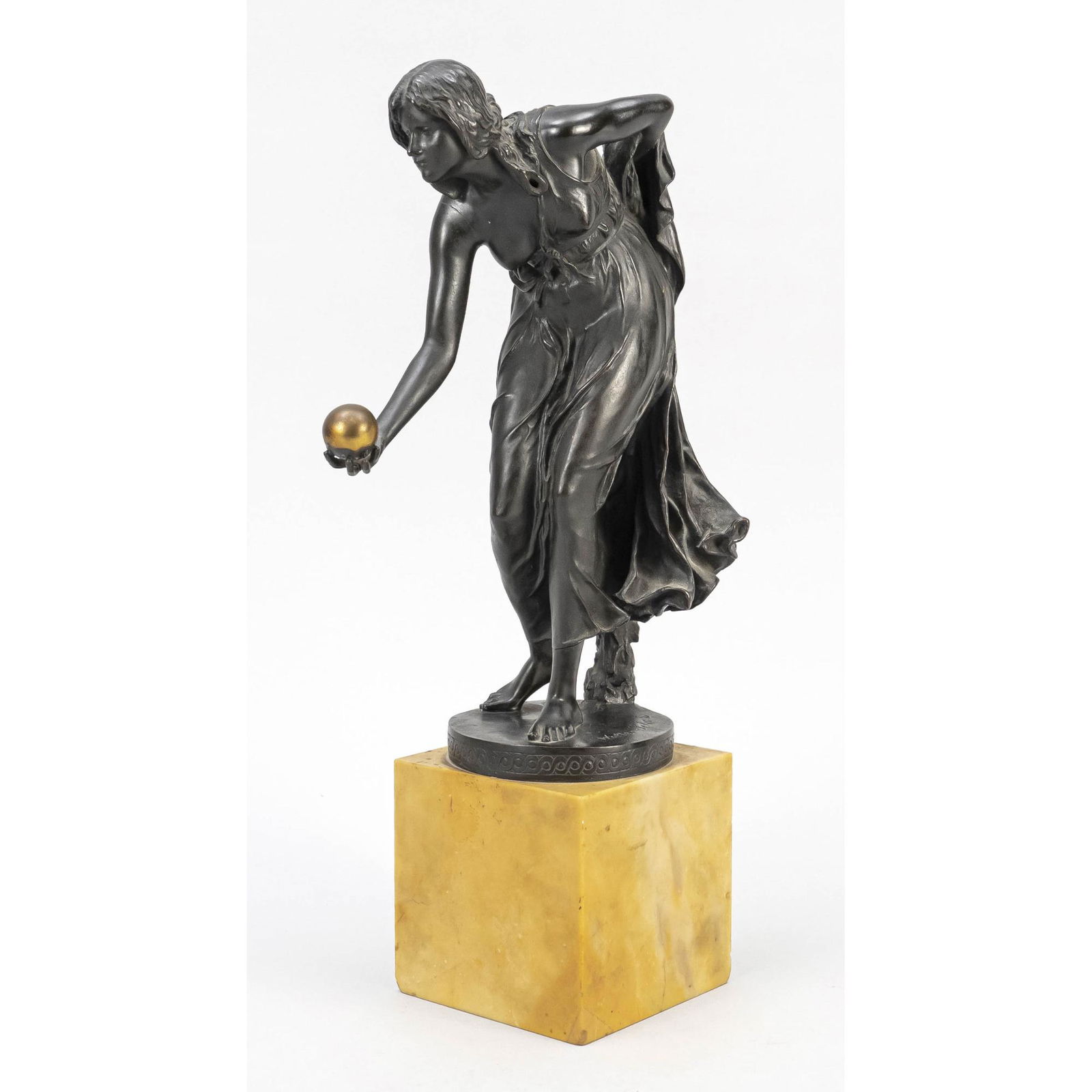 Walter Schott (1861-1938), the: Walter Schott (1861-1938), the ball player, small figure after the original from 1897, black patinated bronze on marble base, plinth ornamented, signed and stamped by the Gladenbeck foundry near Berli