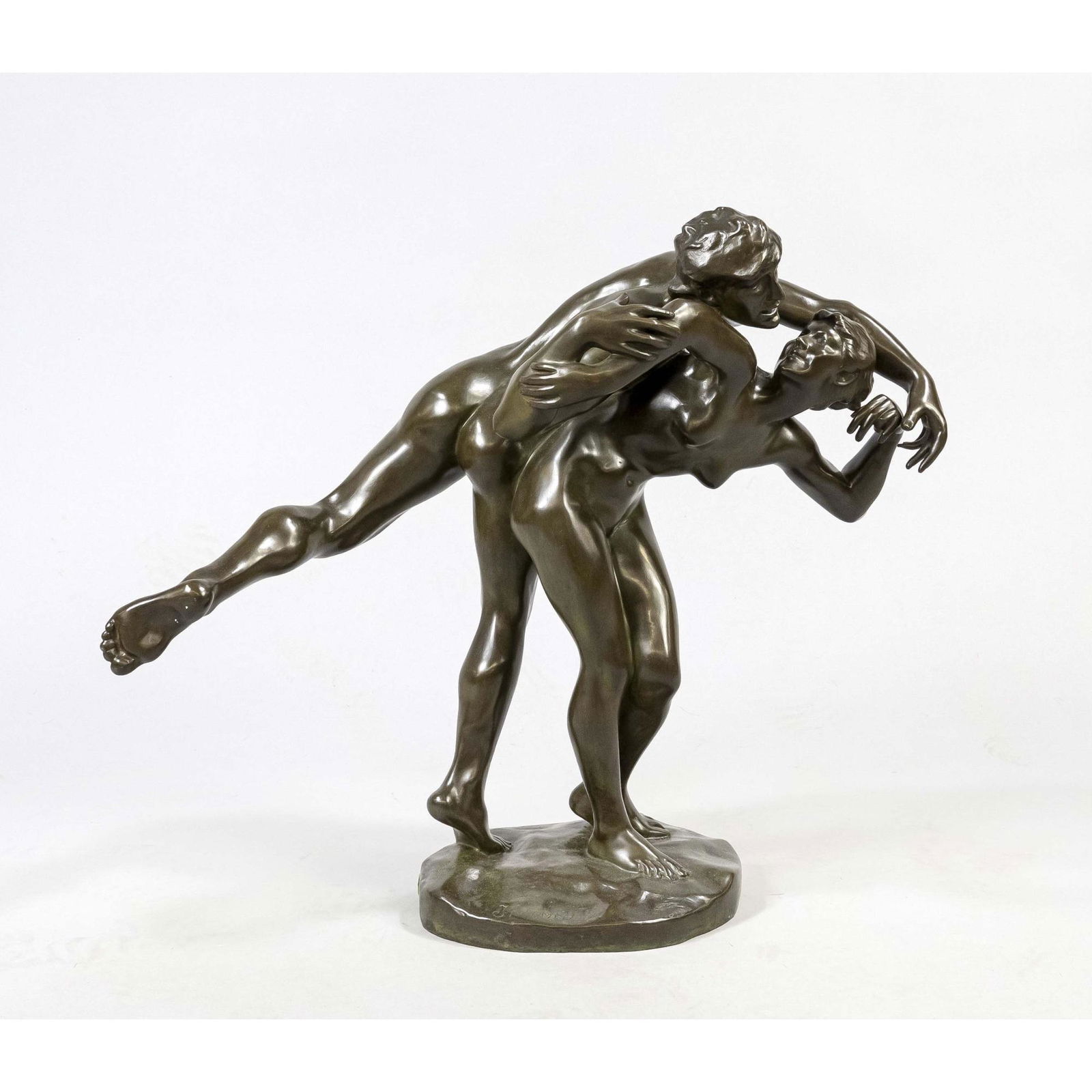 Jef Lambeaux (1852-1908), danc: Jef Lambeaux (1852-1908), dancing couple, large group with female and male nude in dynamic pose, dark patinated bronze on round plinth, signed inside, rubbed, h. 57 cm, span (hand to foot of the man)