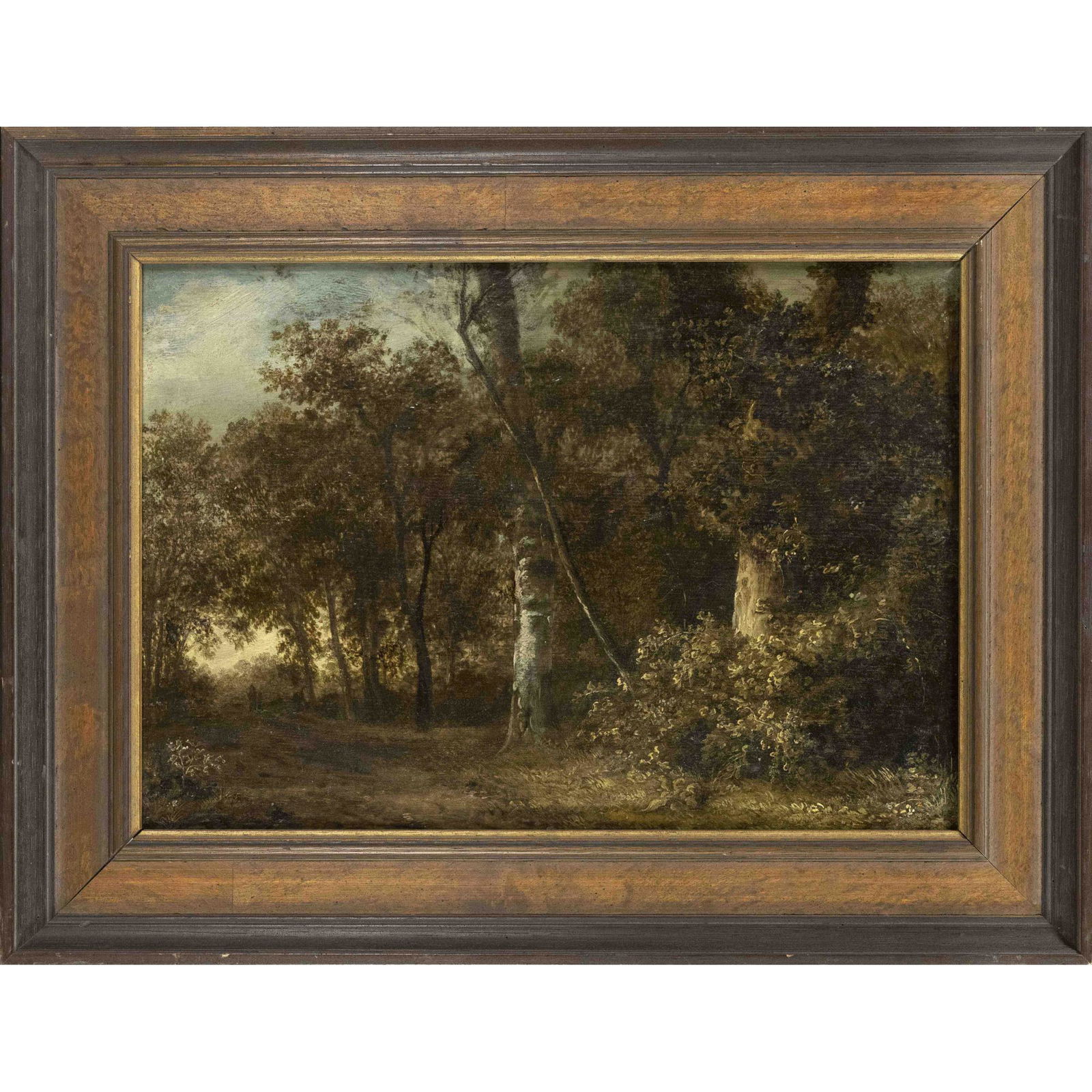Dutch landscape painter from: Dutch landscape painter from the environment / succession of Jan Wijnants or Meindert Hobbema. Woodland with figures in a shaded background, oil on wood, monogrammed ''IVL'' lower right behind the fra