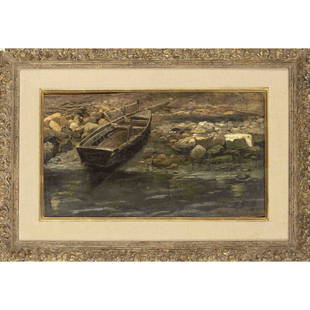 Georg Richard Falkenberg (185: Georg Richard Falkenberg (1850-1935), German landscape painter who studied in Berlin and Munich. Shore with boat, oil on wood, signed lower right, 20 x 37 cm, framed 37 x 52 cm