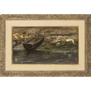 Georg Richard Falkenberg (185: Georg Richard Falkenberg (1850-1935), German landscape painter who studied in Berlin and Munich. Shore with boat, oil on wood, signed lower right, 20 x 37 cm, framed 37 x 52 cm