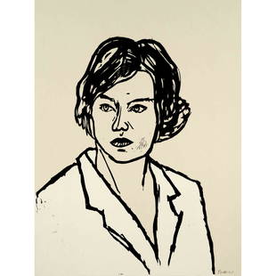 Stephan Balkenhol (*1957), '': Stephan Balkenhol (*1957), ''Woman with white blouse'', large woodcut on grey-brown Somerset, 2004, signed lower right, sheet dimensions 76 x 56 cm