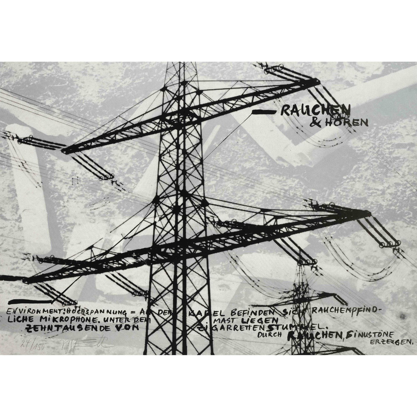 Wolf Vostell (1932-1998), two: Wolf Vostell (1932-1998), two colour serigraphs and offset on light cardboard: ''T.O.T. (Technological Oak Tree)'' and ''Rauchen u. hÃ¶ren'', each signed and numbered. Ex. of 150, sheet size 69,5 x