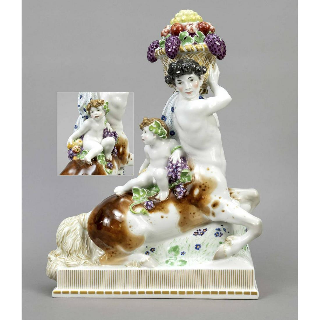 Centaur with young Bacchus, KPM B: Centaur with young Bacchus, KPM Berlin, jubilee mark 1913, 1st choice, red imperial orb mark, designed by Wilhelm Widemann in November 1912, signed in base, model number 10180, year mark for 1913, cen