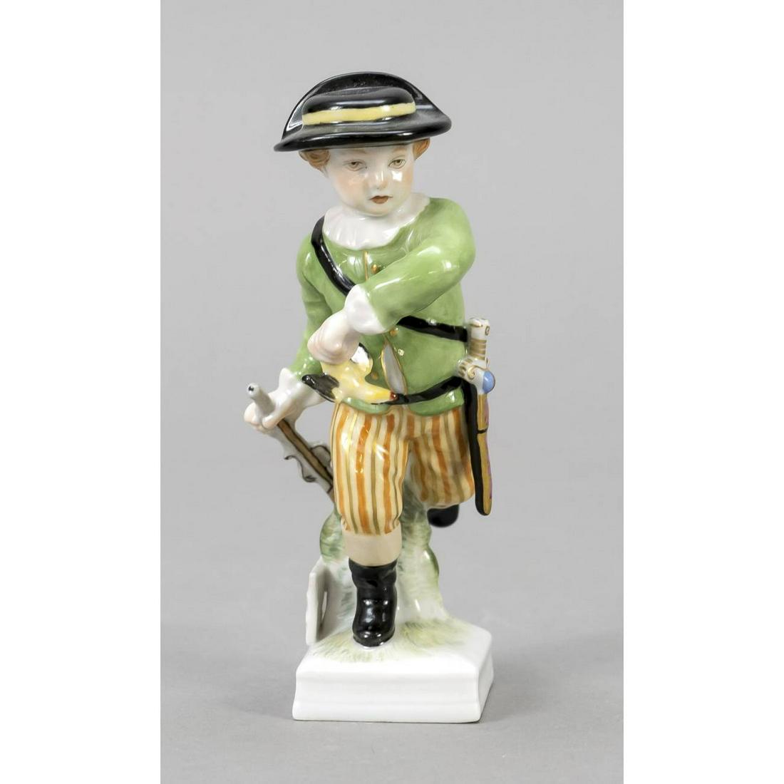 Monthly figure, KPM Berlin, mark: Monthly figure, KPM Berlin, mark 1962-1992, 1st choice, red imperial orb marks, design Friedrich Elias Meyer, boy with hunting rifle and bird in his hands as an allegory of the month November / Sagitt