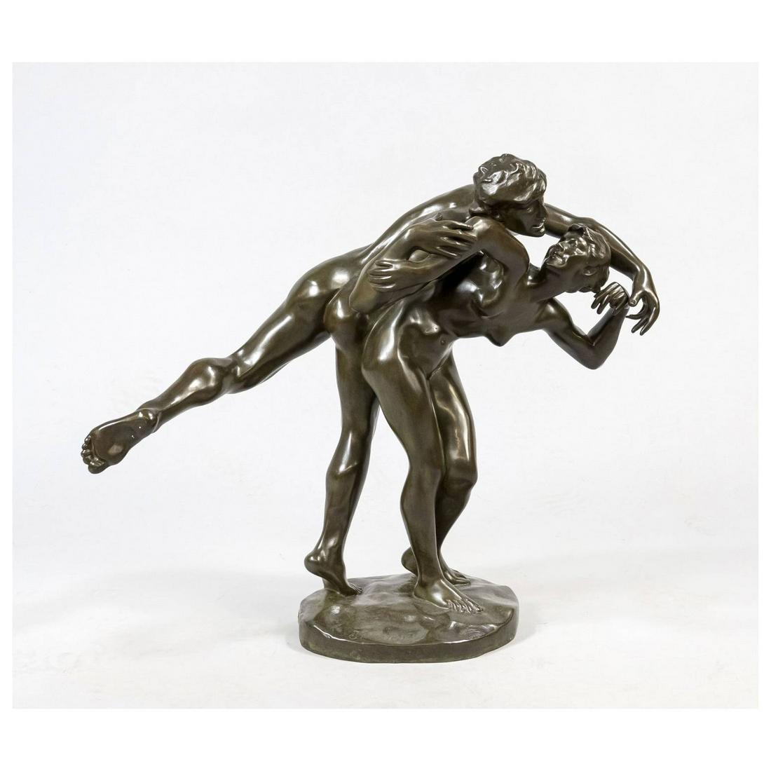 Jef Lambeaux (1852-1908), dancing c: Jef Lambeaux (1852-1908), dancing couple, large group with female and male nude in dynamic pose, dark patinated bronze on round plinth, signed inside, rubbed, h. 57 cm, span (hand to foot of the man)