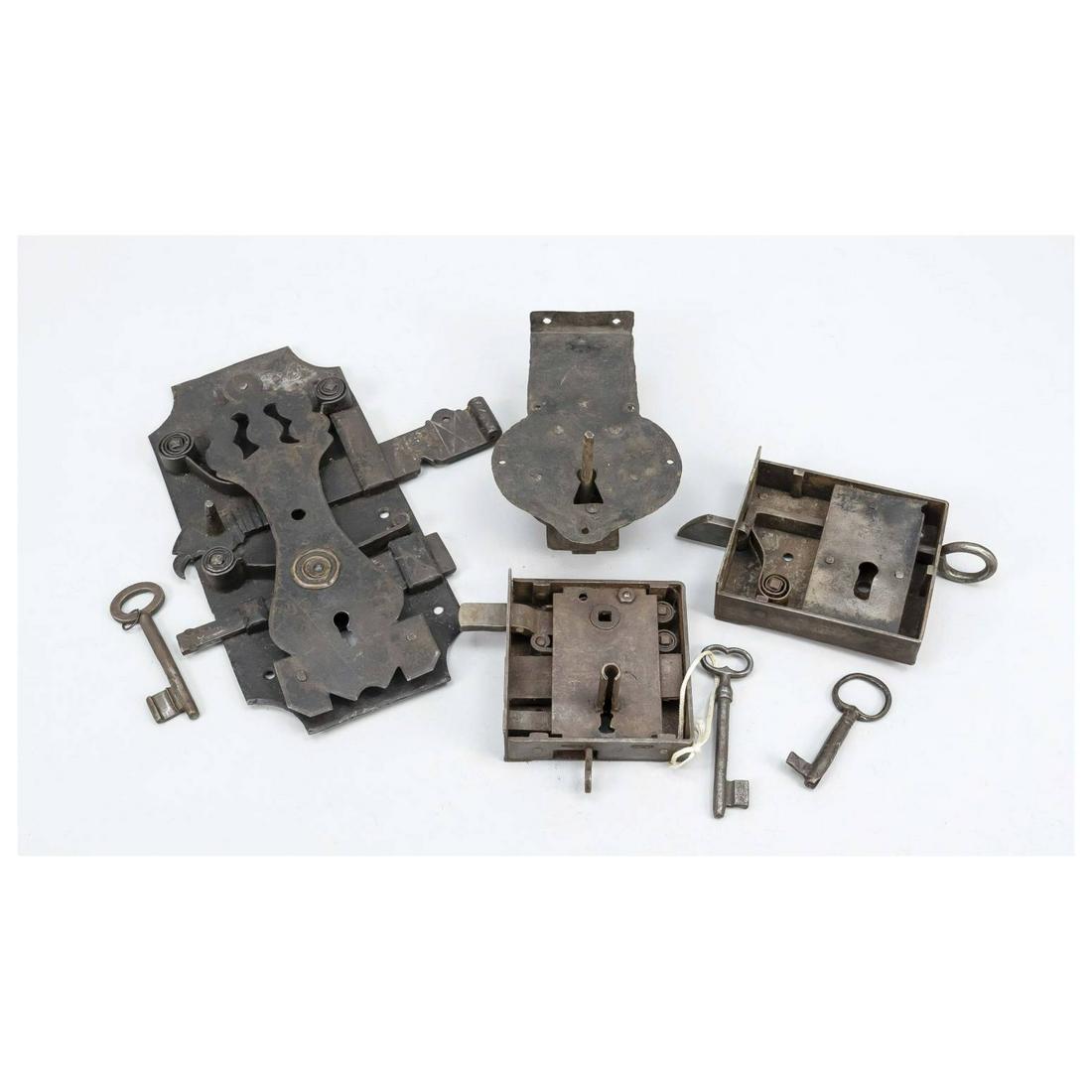4 old locks, 18th and 19th c., wro: 4 old locks, 18th and 19th c., wrought iron, 2 with key, elaborate wrought iron work with bolts and springs, partly with notch decoration, one lock with wrought iron mark (crossed keys), partly flash