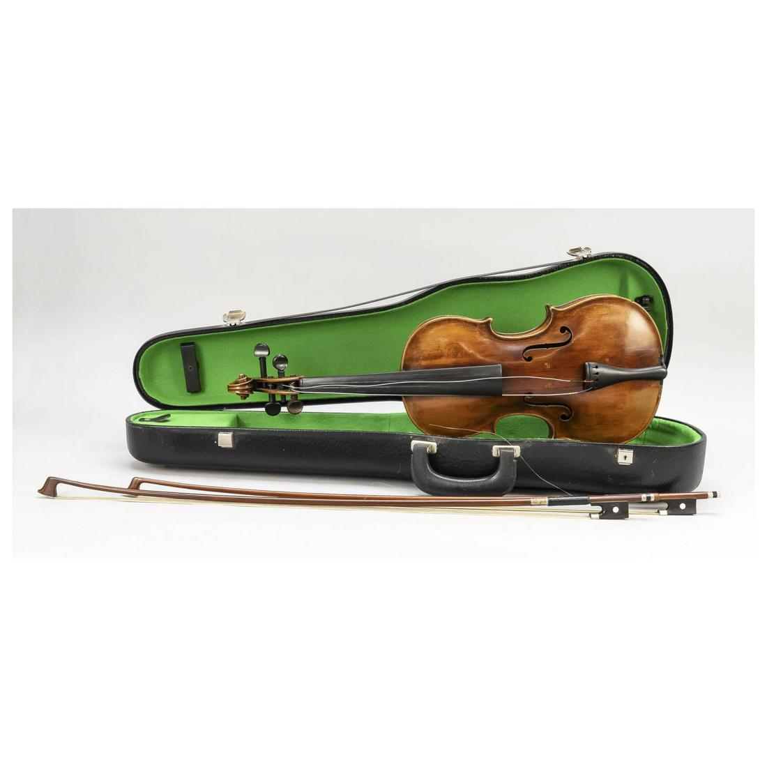 Violin with 2 bows in violin case.: Violin with 2 bows in violin case. Violin probably 19th century, without label. Strings loose (2 missing). L. Bows 73 & 74 cm. Black case by Gewa lined with light green felt, l. Case 78 cm.