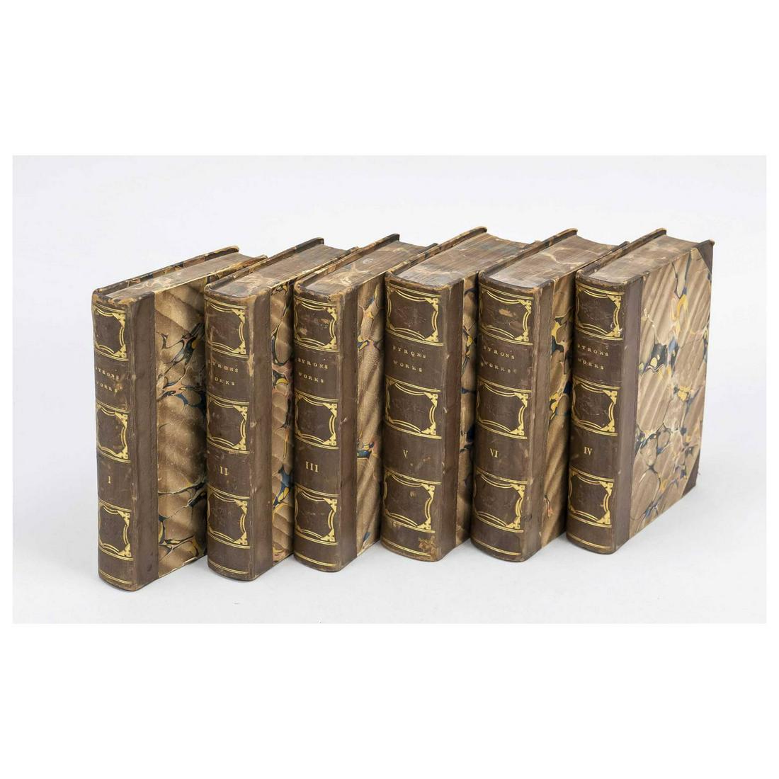 The works of Lord Byron (in 6 vols: The works of Lord Byron (in 6 vols.), London 1831 (John Murray). In marbled hardcover bindings with leather spines stamped in gold, each 14 x 9.5 cm.