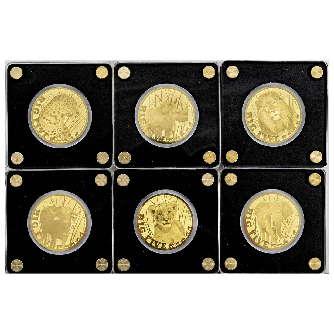 6 gold coins ''5000 Francs Republi: 6 gold coins ''5000 Francs Republic of Chad'' from the series ''The Big Five'', 20th c. fine gold 999, very thin in plexiglass case, in box with certificates of BTN coins, weight each 1/200 oz, diam.