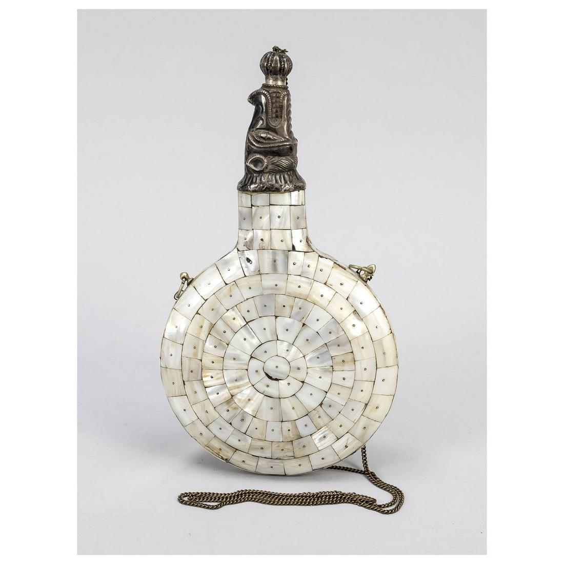 Powder flask with carrying chain,: Powder flask with carrying chain, 19th century, Portuguese India, probably Gujarat, body extensively covered with riveted mother-of-pearl leaves, filling spout silver sheet worked out in the form of a