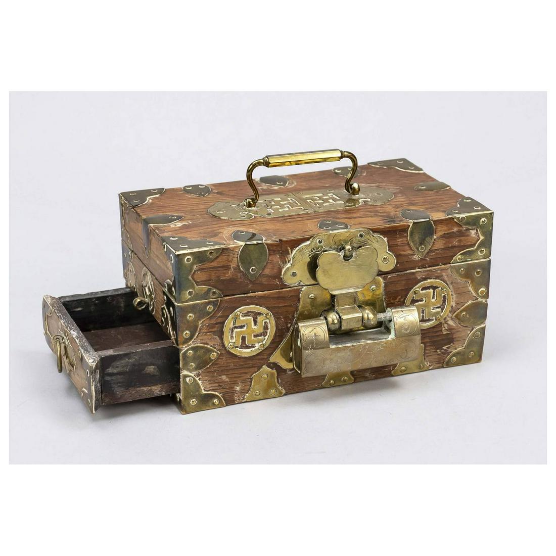 Korean chest with pull-out drawer,: Korean chest with pull-out drawer, Korea, probably Joseon dynasty(1392-1910) around 1900, rosewood with numerous brass applications, handle and hanging lock, in traditional Korean design with swastika