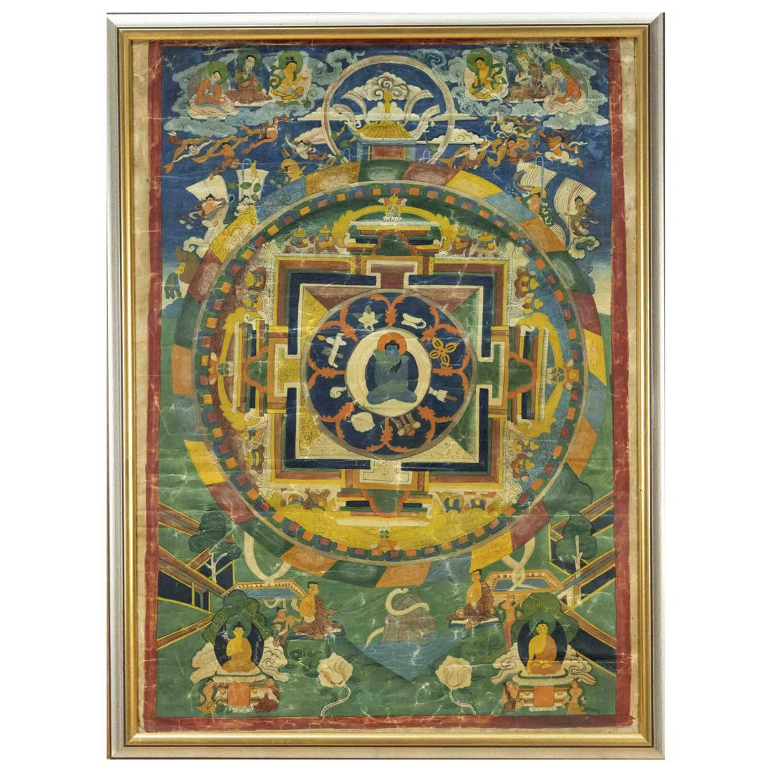 Mandala, probably Nepal, 20th centu: Mandala, probably Nepal, 20th century, 60s/70s, colors on canvas, creases and folds, framed behind glass, 70x50cm