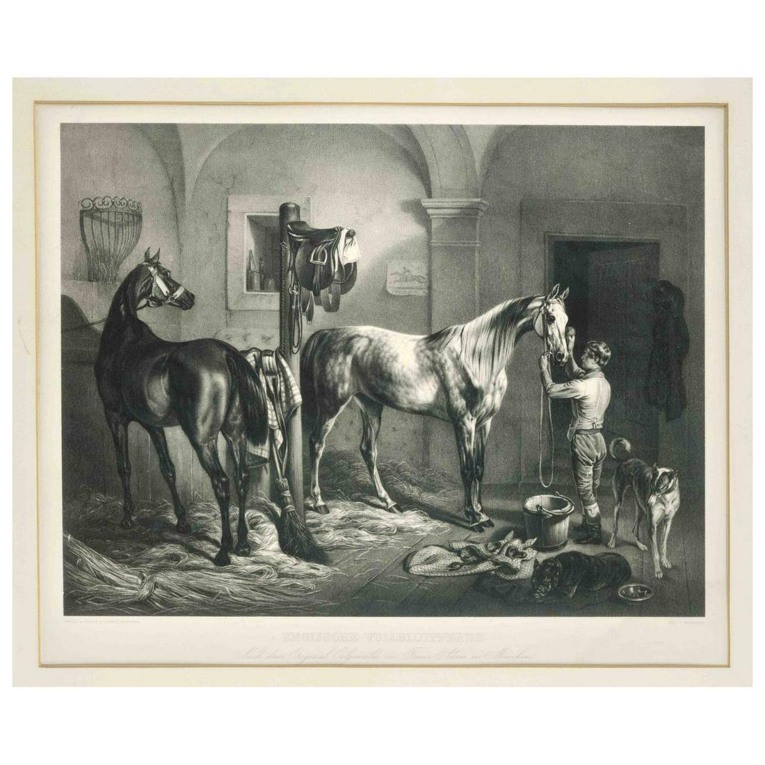 Johann Woelffle (1807-1893) after: Johann Woelffle (1807-1893) after Franz Adam (1815-1886), ''English Thoroughbred Horses'', lithograph by Piloty and Loehle in Munich, 39 x 52.5 cm, framed behind glass and passepartout 63 x 75 cm