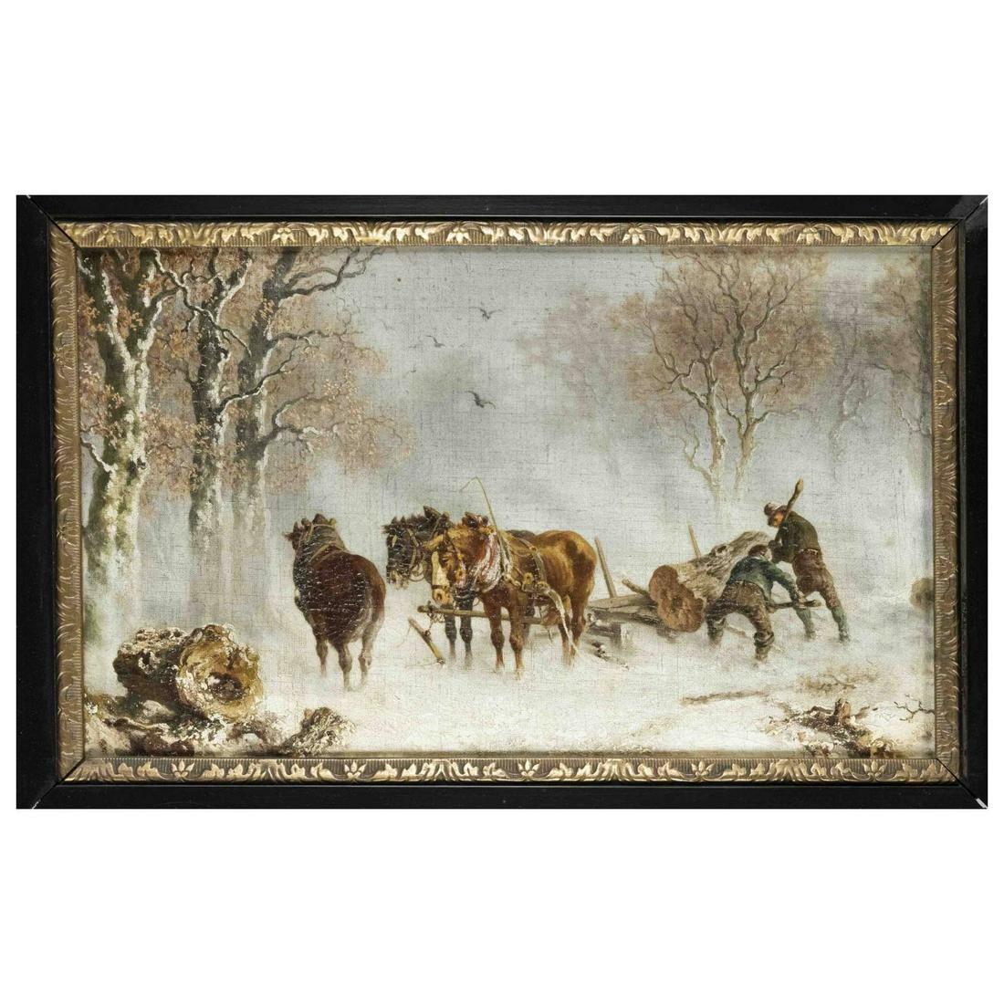 Anonymous artist 2nd h. 19th c., w: Anonymous artist 2nd h. 19th c., woodcutter with horses in snow flurry, oil on canvas, unsigned, old label of an Ulm art dealer on the reverse, 25 x 42 cm, framed 43 x 60 cm